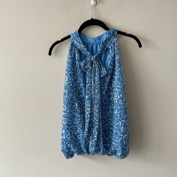 Alice + Olivia Maris Floral Print Lined Tie Halter Neck Blouse Blue White Medium - Picture 3 of 9